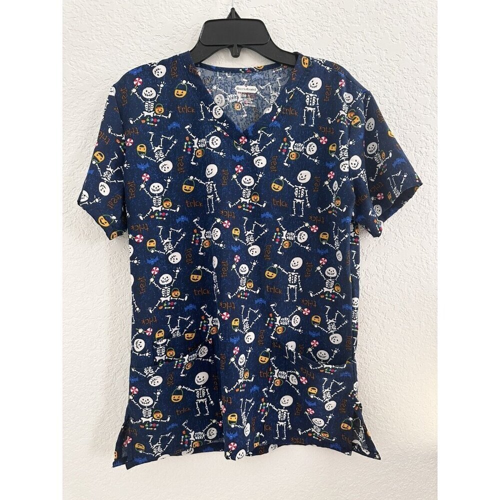 Halloween Scrub Top Scrubaid Women’s M (10-12) Trick‎ Or Treat Skeletons Blue